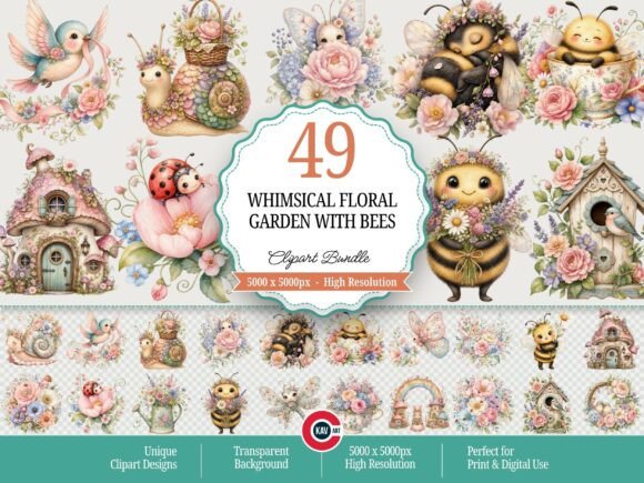 Download Whimsical Floral Garden with Bees - Whimsical Collection